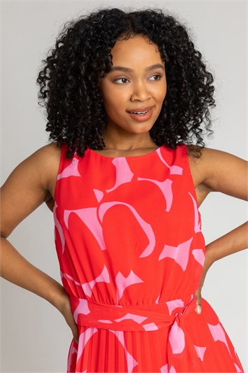 Red Petite Abstract Print Pleated Midi Dress, Image 4 of 5