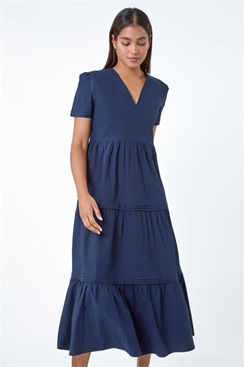 Blue Plain Cotton Tiered Maxi Dress