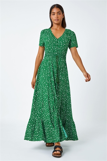Green Spot Print Frill Hem Maxi Dress