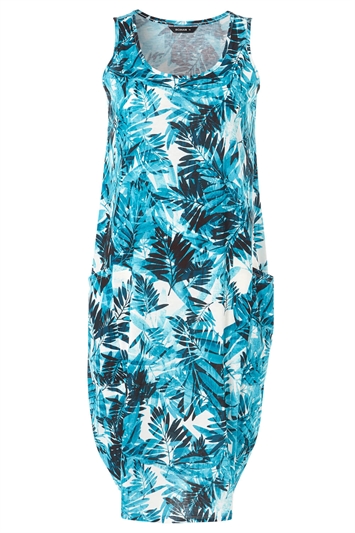 Turquoise Leaf Print Pocket Cocoon Dress, Image 5 of 5