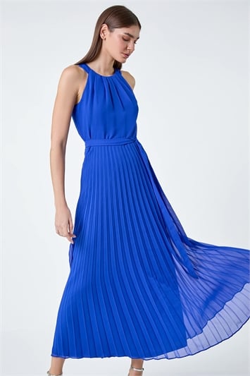 Blue Pleated Halter Neck Maxi Dress