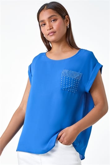 Blue Sparkle Embellished Pocket T-Shirt
