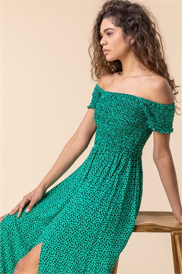 Green Shirred Spot Print Bardot Dress, Image 5 of 5
