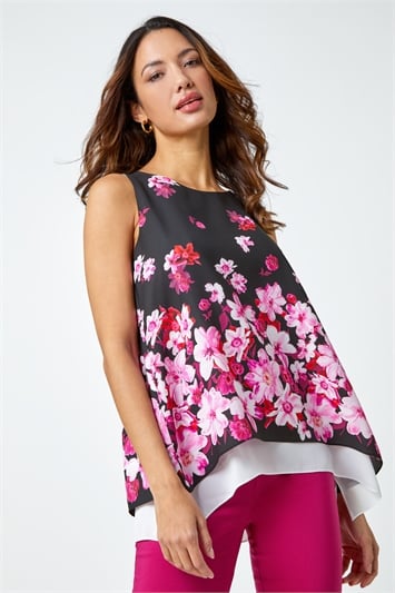 Pink Sleeveless Floral Double Layer Top