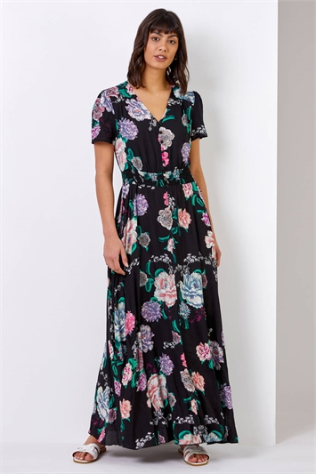 Black Floral Print Shirred Waist Maxi Dress, Image 4 of 5