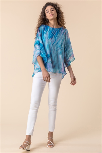 Turquoise Abstract Print Chiffon Top, Image 3 of 4