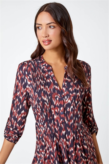 Brown Abstract Print Pintuck Stretch Top