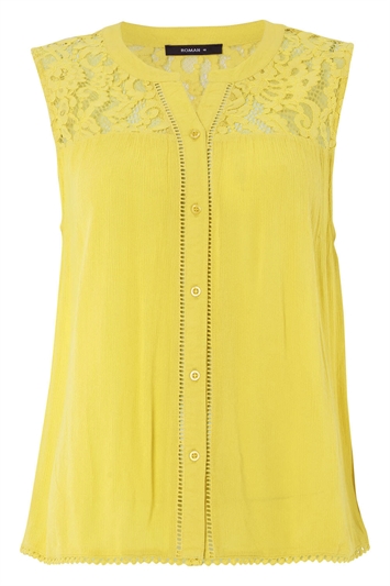 Lace Insert Button Up Blouse in Lime - Roman Originals UK