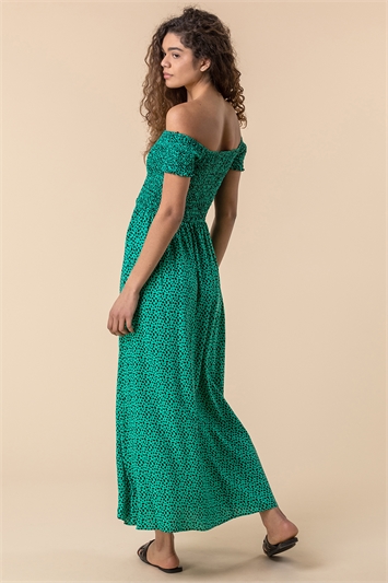 Green Shirred Spot Print Bardot Dress, Image 2 of 5