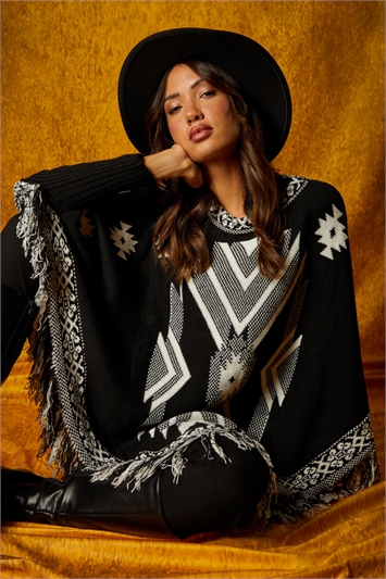 Black Aztec Print Fringed Knitted Poncho