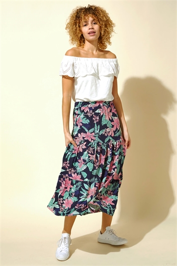 Navy Tropical Floral Tiered Midi Skirt, Image 2 of 4