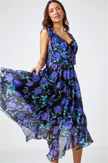 Black Sleeveless Floral Chiffon Asymmetric Midi Dress