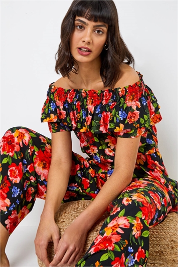 Red Floral Print Frill Neck Jumpsuit, Image 5 of 6