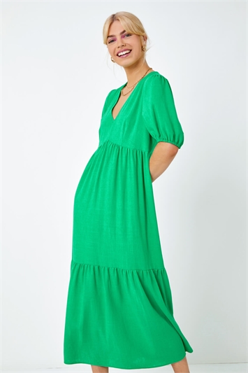 Green Linen Blend Tiered Midi Dress