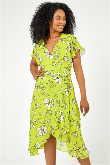 Lime Petite Floral Frill Detail Wrap Dress, Image 3 of 5