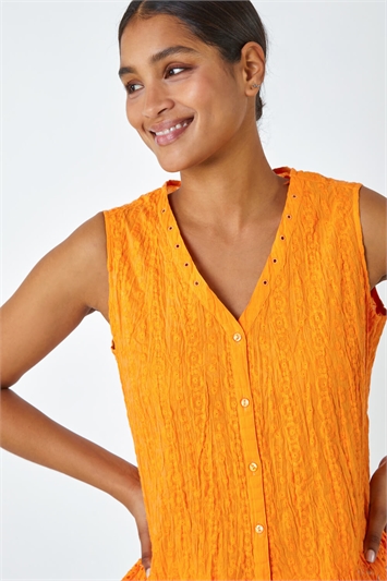 Orange Embroidered Sleeveless Crinkle Blouse