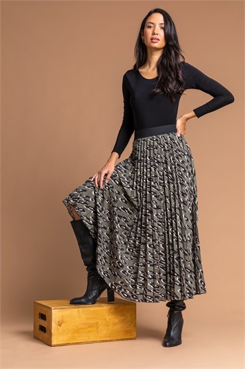 Khaki Animal Print Pleated Maxi Skirt