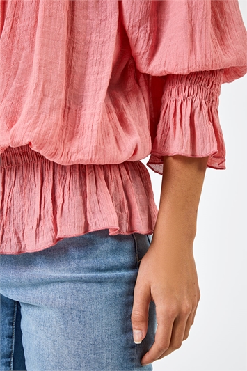 Pink Shirred Bardot Frill Detail Top, Image 5 of 5