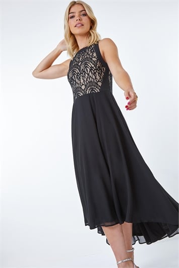Black Lace Bodice Halter Neck Dress