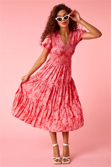 Pink Floral Shirred Waist Tiered Midi Dress