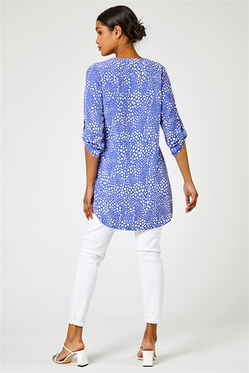 Blue Longline Button Detail Abstract Spot Print Top, Image 2 of 5