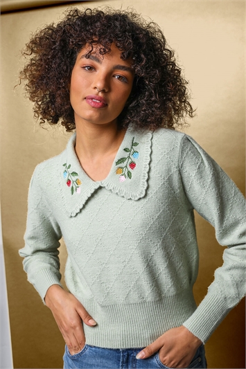 Sage Floral Embroidered Collar Jumper, Image 5 of 5