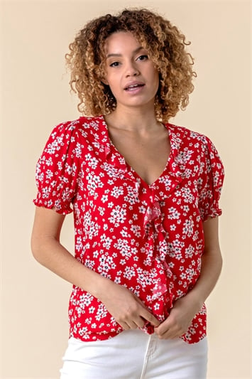 Red Floral Print Frill Detail Blouse