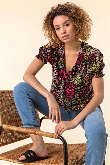 Multi Floral Print Frill Detail Blouse, Image 6 of 6