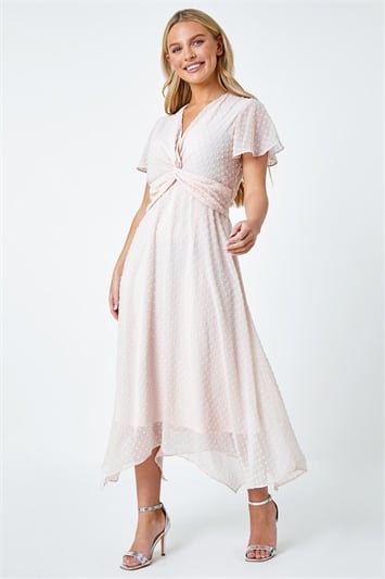 Pink Petite Textured Spot Twist Front Midi Dress