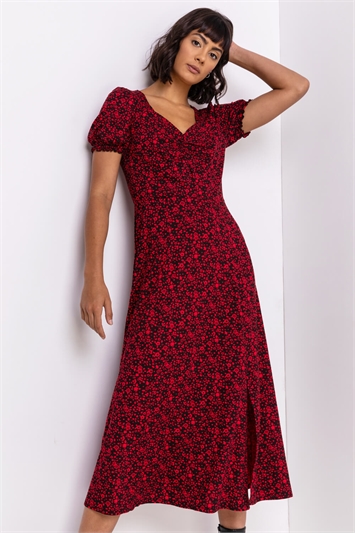 Red Ditsy Floral Jersey Midi Dress