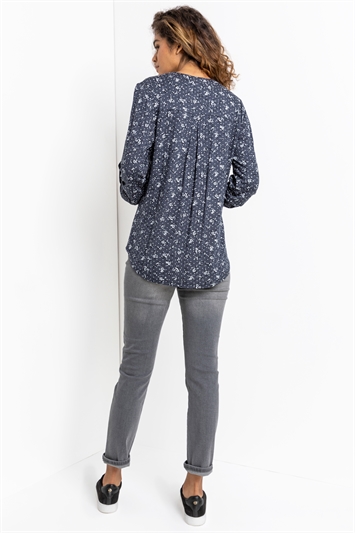 Blue & Grey Ditsy Floral Notch Neck Top, Image 2 of 5
