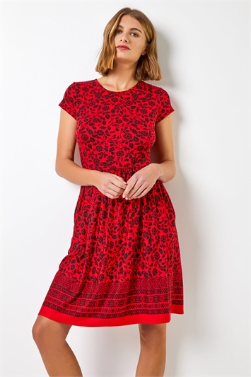 Red Floral Border Print Fit & Flare Dress, Image 1 of 4
