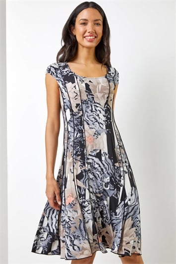 Black Abstract Floral Print Panel Dress