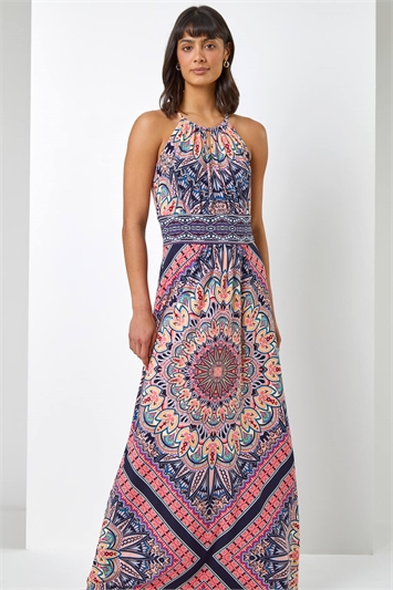 Coral Boho Print Halterneck Maxi Dress, Image 3 of 5