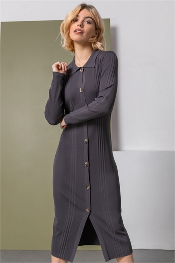 Dark Grey Polo Collar Knitted Midi Dress
