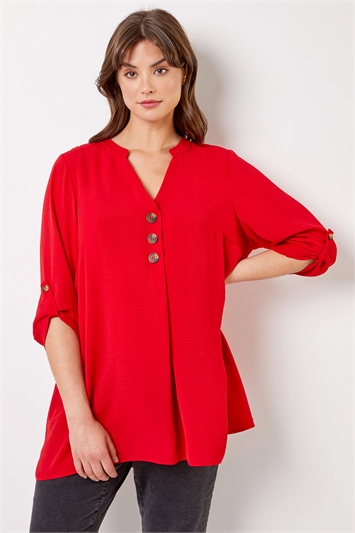 Red Curve Button Detail Tunic Top, Image 1 of 4