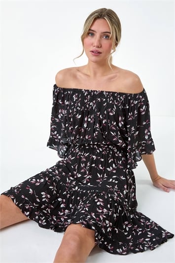 Black Ditsy Floral Bardot Pocket Dress
