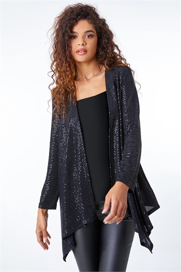 Black Sequin Sparkle Waterfall Stretch Jacket