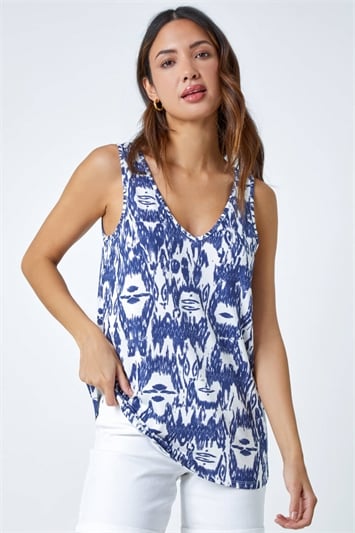 Blue Abstract Print V-Neck Stretch Jersey Cami Top