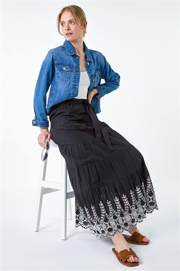 Black Cotton Broderie A Line Tiered Maxi Skirt