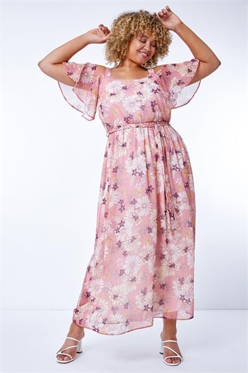 Pink Curve Floral Print Cold Shoulder Maxi Dress