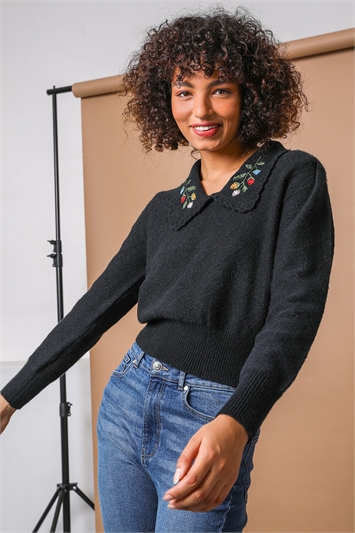 Black Floral Embroidered Collar Jumper, Image 1 of 4