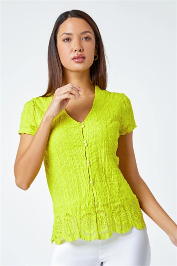 Green Cotton Embroidered Crinkle Blouse