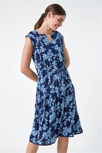 Blue Floral Print Tiered Woven Dress