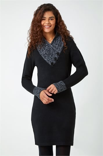 Black Contrast Button Detail Knit Dress