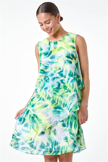 Green Petite Leaf Print Tiered Chiffon Dress