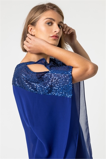 Blue Sequin Embellished Chiffon Overlay Top