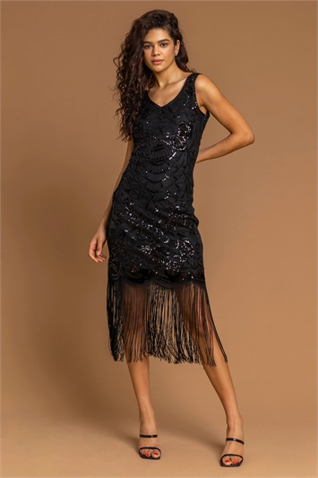 Black Sequin Fringe Hem Flapper Dress, Image 3 of 4