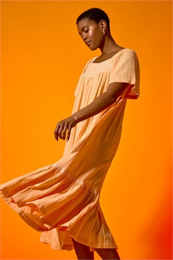 Orange Embroidered Cotton Midi Smock Dress