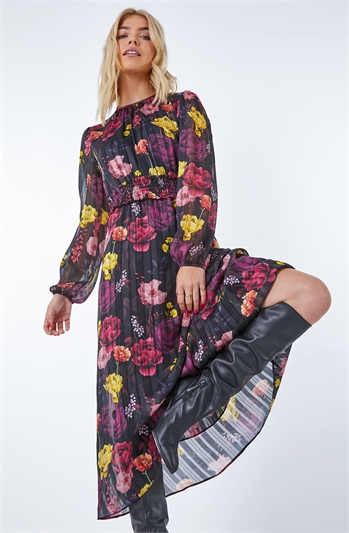 Black Floral Print Shirred Midi Dress